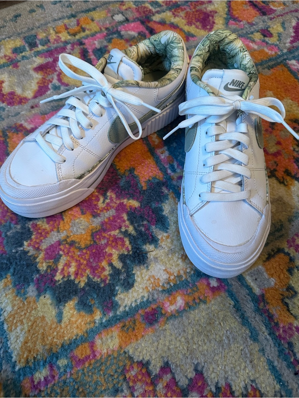 Nike White Sneakers with Olive Green Swoosh